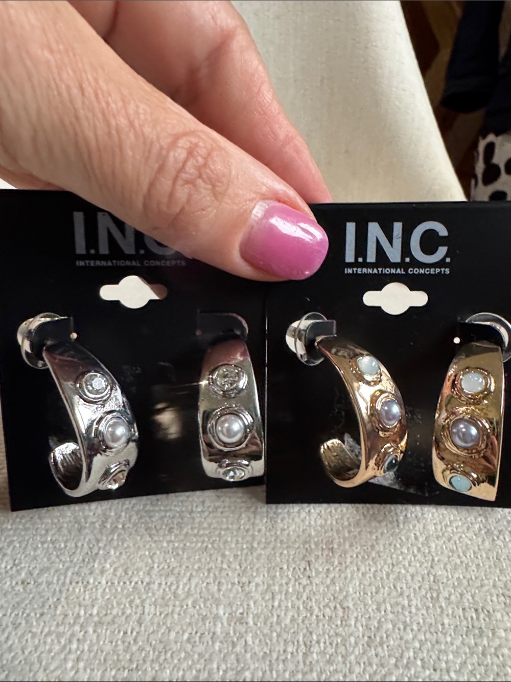 INC International Concepts Silver Hoop Earrings with Pearl and Crystal Accents